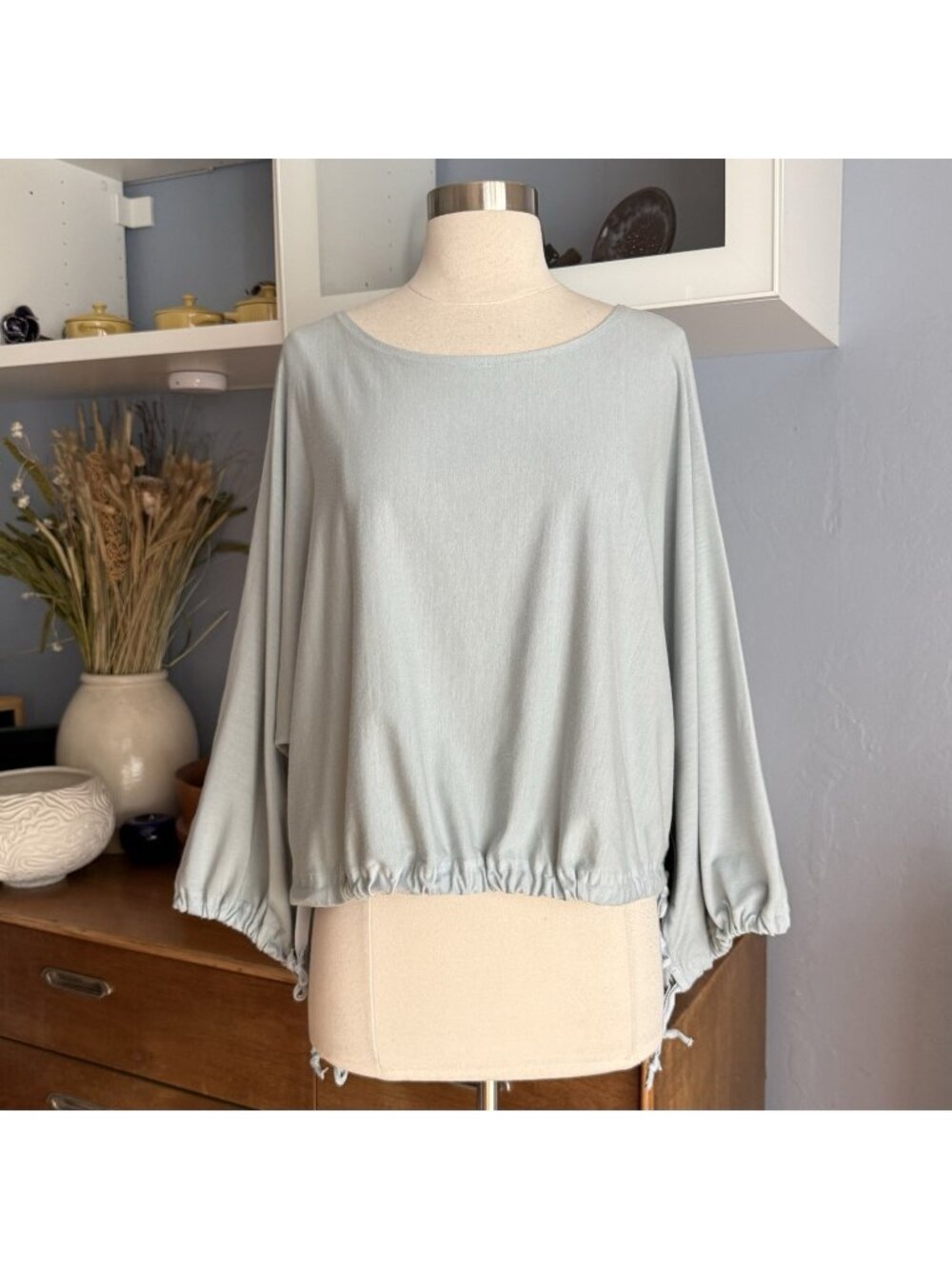 Bryn Walker Cotton Jersey Knit Crop Top Drawstring Ties Teal Lagenlook